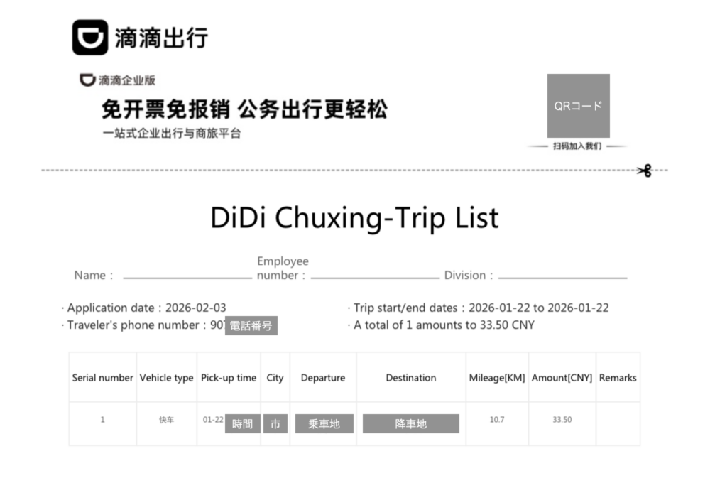 実際に発行されたDiDiの領収書。日時、金額に加え、乗降地、距離など詳細に記載されている。