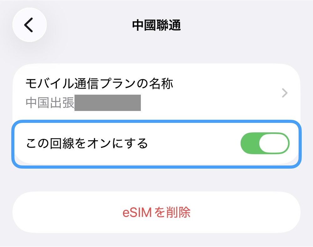 iPhoneの回線詳細画面。「この回線をオンにする」のスイッチが緑色のオン状態になっており、青い枠で囲まれている。