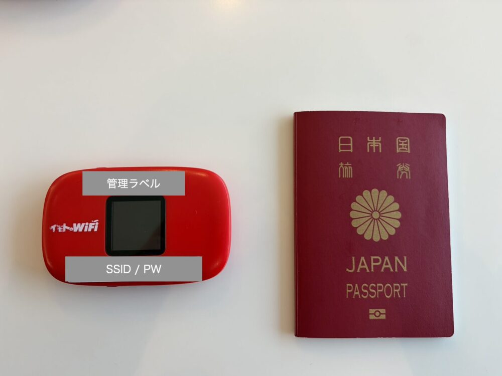 日本のパスポートと並べたイモトのWiFiルーター本体のサイズ比較