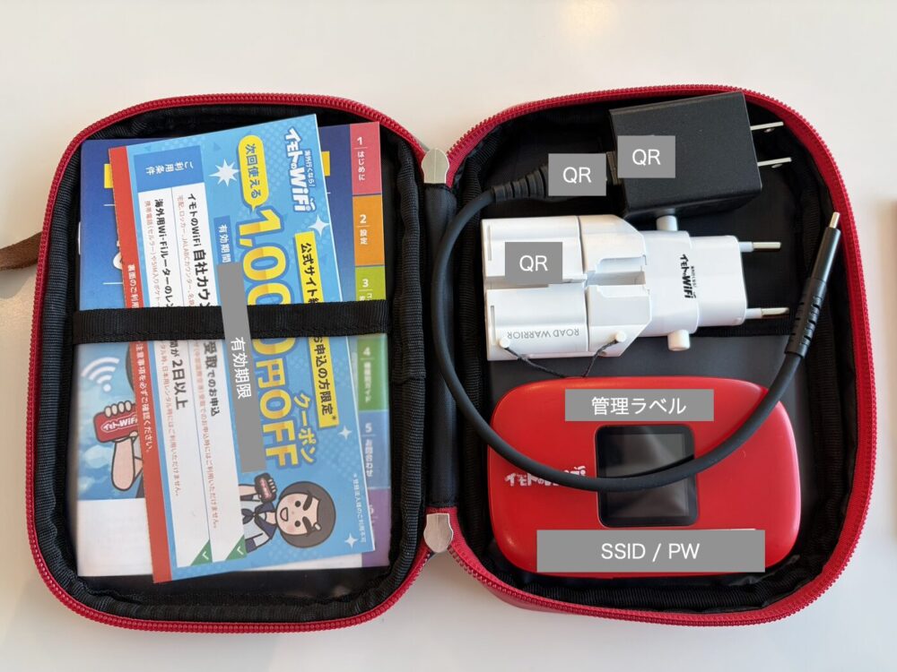 イモトのWiFiレンタルセットのポーチを開いた中身一式(WiFi本体、充電器、変換プラグ、案内資料)